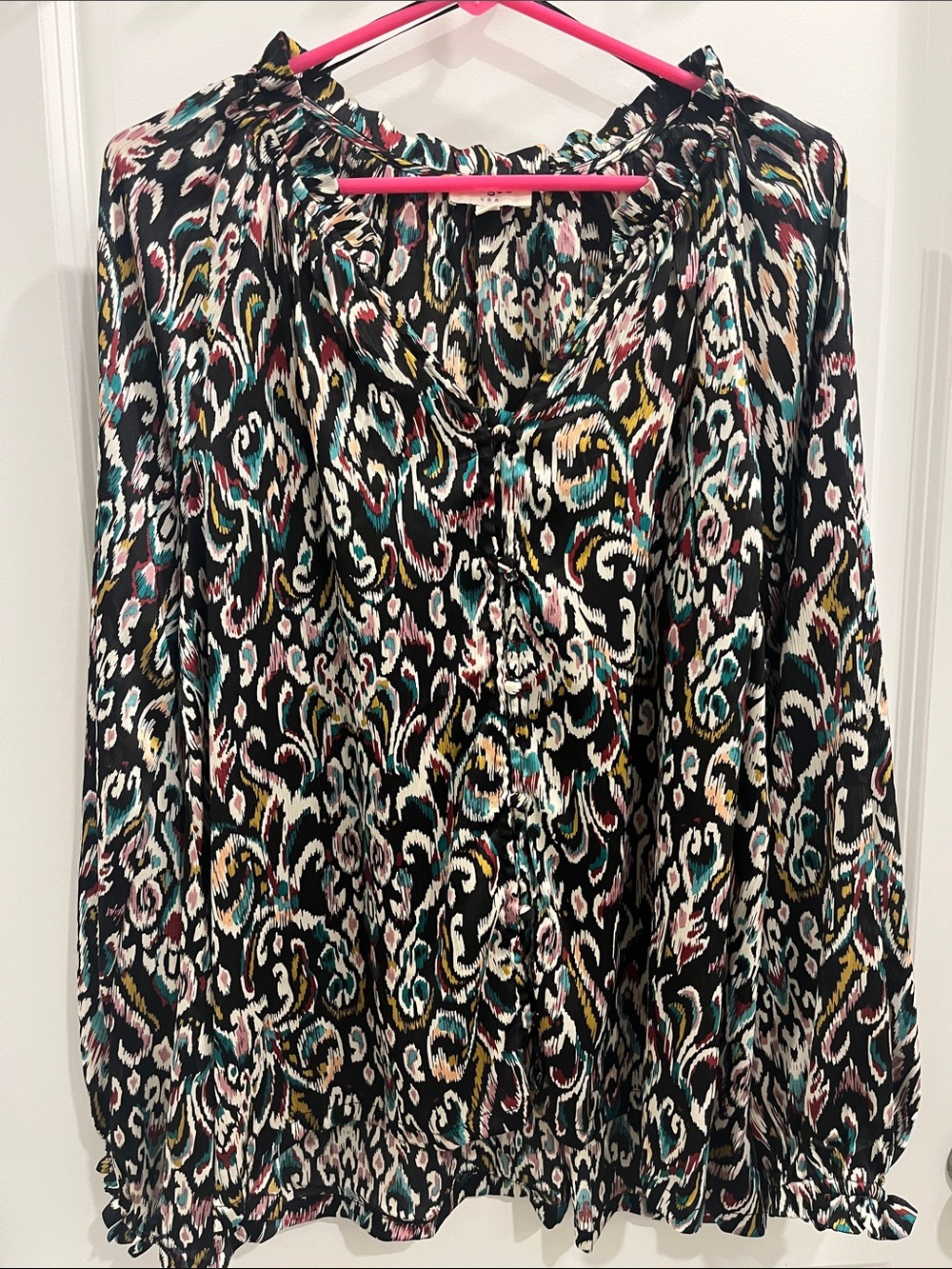 Umgee Multicolor Patterned Blouse - Black with Teal, Pink, Yellow